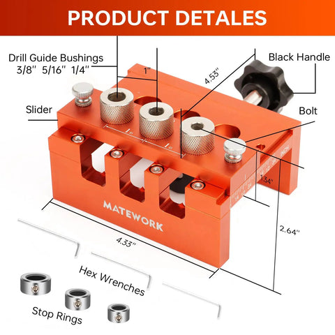 Pro Grade Adjustable Width Dowel Jig For Woodworking With Imperial Scale Centers detailed product parts and dimensions