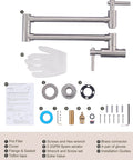 Brass Pot Filler Faucet Wall Mount, Brushed Nickel, Folding Stretchable Arm With Double Joint Swing, installation kit included