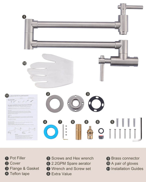 Brass Pot Filler Faucet Wall Mount, Brushed Nickel, Folding Stretchable Arm With Double Joint Swing, installation kit included