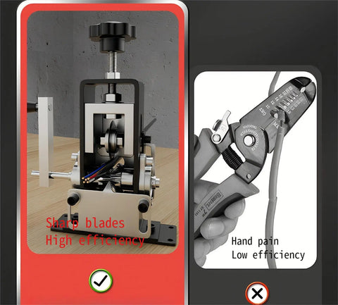 No Fuss Heavy Duty Hand Crank Wire Stripper Machine For Scrap Cables 0.06 To 1 Inch Copper Wire Peeling Tool side view with sharp blades.