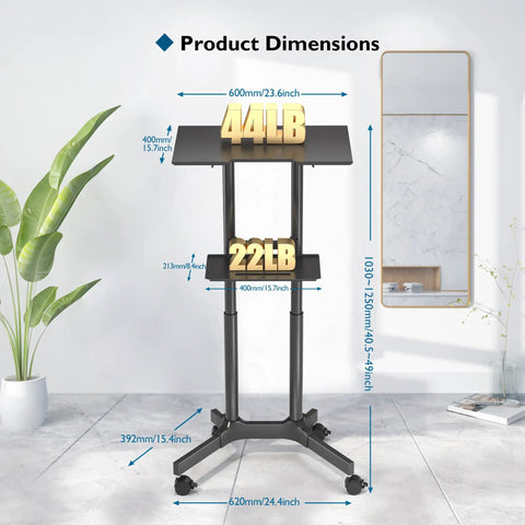 Product dimensions of On Wheels Portable Standing Laptop Desk With Height Adjustable Sit Stand 0 To 40 Degree Tilt Rolling Cart