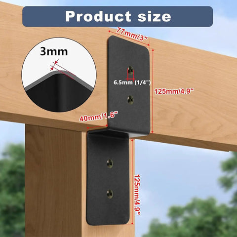Beefy Heavy Duty Z Shape Bracket Set 3x5 Inches installed on timber, showing dimensions and rust-resistant black finish