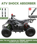 ATV with installed Beefy Front Shock Absorber Kit For 125Cc And 110Cc Tao Tao Coolster Atv Quad 275Mm Shock Fits 50Cc 70Cc 90Cc Kazuma SunL.
