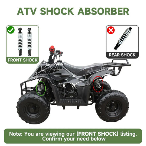 ATV with installed Beefy Front Shock Absorber Kit For 125Cc And 110Cc Tao Tao Coolster Atv Quad 275Mm Shock Fits 50Cc 70Cc 90Cc Kazuma SunL.