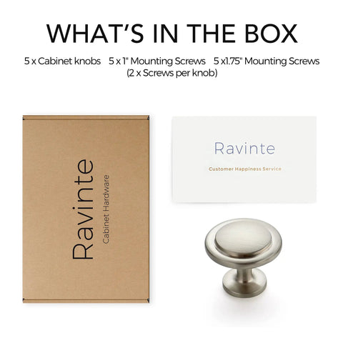 Slap Some Fresh Style On Your Cabinets With These Sleek Brushed Nickel Round Knobs, Heavy Duty Zinc Euro Drawer Pulls, One And One Quarter Inch Furniture Hardware, Smooth Gliding Five Pack For Kitchen Remodel Refresh contents showing 5 round knobs, mounting screws, and packaging.