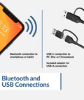 USB And Bluetooth Speaker Bar For PC With Built-In Speakerphone, Clamps To Monitors, showing Bluetooth and USB connections.