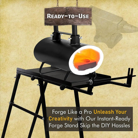 Forge Starter Kit Stand For Blacksmithing with lit single burner on heat-resistant steel stand, Ready-to-Use sign overhead