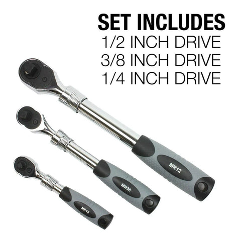 Extendable Ratchet Three Piece Set With 1 Quarter Inch 1 Half Inch And 3 Eighth Inch Drives Quick Release Head Telescoping Handles