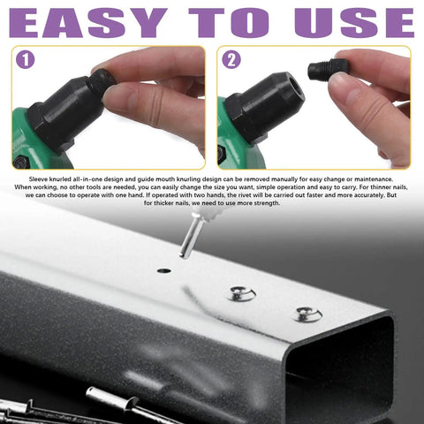 All In One Go-To Rivet Kit With Aluminum Blind Rivets And Manual Gun, shows interchangeable heads and rivet application in use