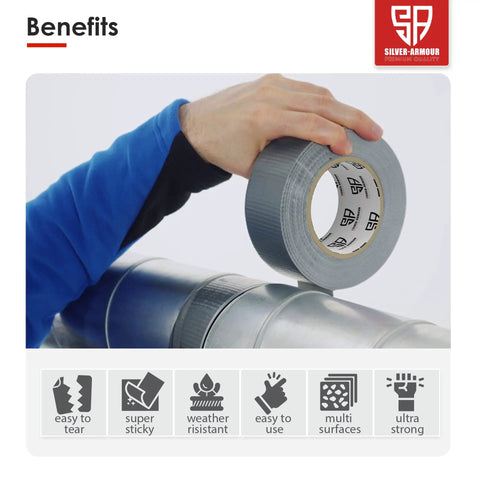 Hand applying Heavy Duty Duct Tape That Works Like A Charm, Waterproof Tear By Hand Adhesive No Residue to duct.