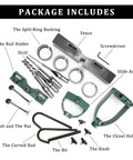 Mortising Attachment for Drill Press With Bench Locator Kit components, including chisels, holders, and parts for woodworking.