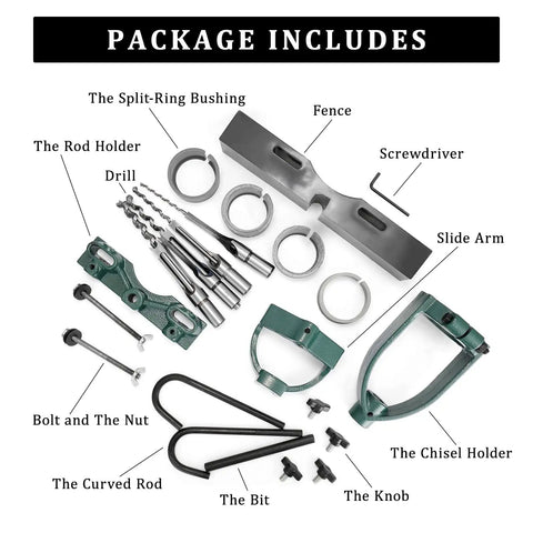 Mortising Attachment for Drill Press With Bench Locator Kit components, including chisels, holders, and parts for woodworking.