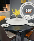 Beefy Heavy Duty Lazy Susan Table Bearing Base for Round Tables displayed on dining table, supports glass granite or wood surfaces.