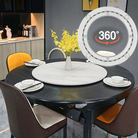 Beefy Heavy Duty Lazy Susan Table Bearing Base for Round Tables displayed on dining table, supports glass granite or wood surfaces.