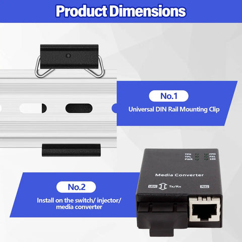 10 Pack Din Rail Mount Clips 1.02 Inch Wide Snap In Universal Brackets Fixed Clamp Black Aluminum Alloy Relay Clip For 35mm DIN Rail Switches And Injectors Heavy Duty Tough As Nails Quality shown with a metal media converter and dimensions in a diagram.