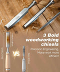 Three woodworking chisels showing sizes, part of Deluxe Wood Carving Kit With 25 Piece Tool Set And Leather Storage Bag For Beginners.