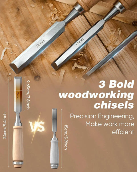 Three woodworking chisels showing sizes, part of Deluxe Wood Carving Kit With 25 Piece Tool Set And Leather Storage Bag For Beginners.