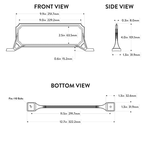 Technical diagram of Black Double Sided Address Plaque Kit with dimensions in front, side, and bottom views.