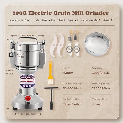 Grain Mill Grinder Electric 300g Commercial Spice Grinder 1500W Stainless Steel Pulverizer Dry Grinding Machine with accessories