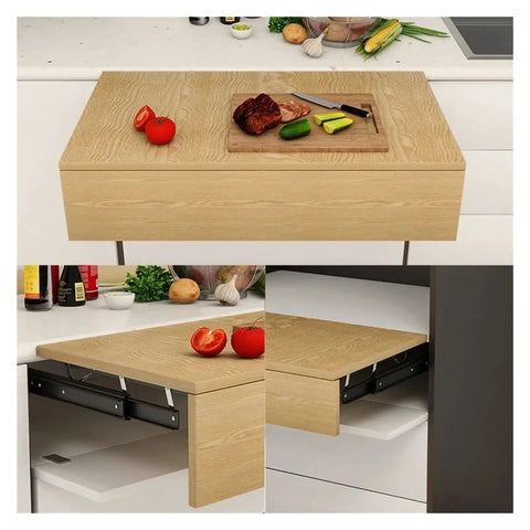 Heavy Duty Full Extension Drawer Slides With Quick Release Latches For No Sweat Setup And Smooth Quiet Ride Rising Table Lift Mechanism and telescopic guide rail on a wooden cabinet.
