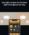 No Hassle Mount Big Time Brightness Smart 6 Inch Recessed LED Downlight 6 Pack With Color Changing Ambient Bulbs control app showing light scenes.