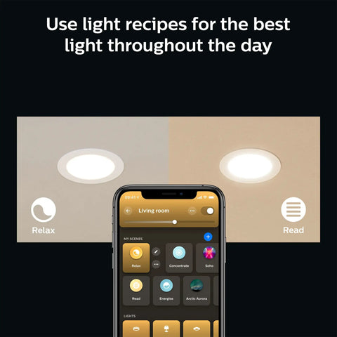No Hassle Mount Big Time Brightness Smart 6 Inch Recessed LED Downlight 6 Pack With Color Changing Ambient Bulbs control app showing light scenes.