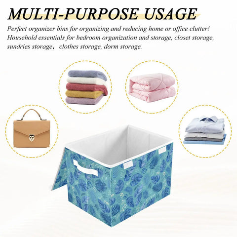 Sturdy Collapsible Storage Bin With Flip Top Lid And Easy Grip Handles For Bedroom Organization 300d Oxford Fabric Foldable Closet Box displayed with folded clothes.
