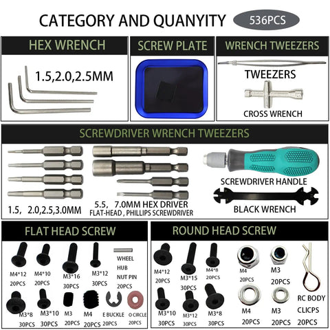 All In One RC Car Repair Stand Kit With 360 Degree Rotation 523 Piece Screw Set Plus RC Screwdrivers And Screws Pallet Fits One Eighth To One Eighteenth Scale Cars Trucks And Buggies From Traxxas Arrma Redcat HSP HPI Axial Losi Kyosho Tamiya image showing hex wrenches, screwdrivers, screws, and tools.