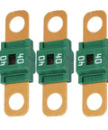 Solid As A Rock 3 Pack AMI Midi Bolt On Fuse 40 Amp Copper Plated Fork Terminals with green casing and gold terminals.