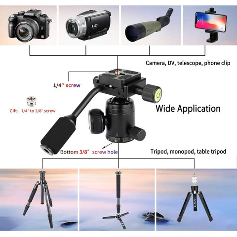 D30 Panoramic Ball Head With Removable Handle Beefy All Metal CNC Build Camera Mount shown with quick release plates and phone clip