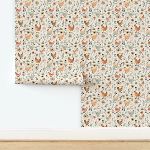 Top Tier Matte Wallpaper Featuring Pastel Hen Pattern And Subtle Linen Texture Heavy Duty PVC Free Wallcovering For Kitchens Bathrooms And Hallways Zero Hassle Paste To Paper Application on wall with floral designs.