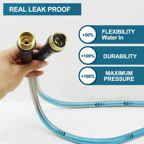 Stainless Steel Garden Hose 75ft Heavy Duty Metal Water Hose With 10 Function Nozzles in hand, brass fittings visible