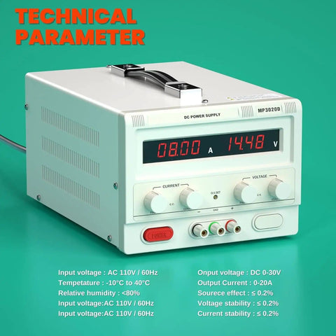 Bench Power Supply 0 To 30V 0 To 20A Variable DC Regulated Pro Grade Power Source with LCD and adjustment knobs on green background