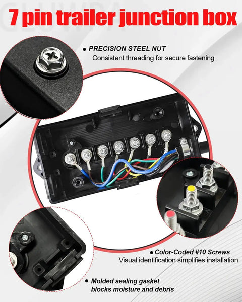 7 Pin Trailer Junction Box Waterproof 7 Way Wiring Organizer for RVs and Campers with color-coded screws visible