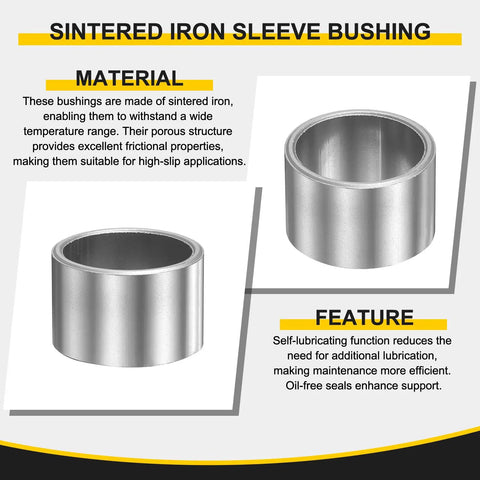 Hella Durable 8 Pack Sleeve Bearings 20mm Bore 26mm OD X 15mm Length Self Lubricating Sintered Iron Bushings displayed showing material and features.