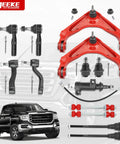 Chevy Silverado GMC Sierra Front End Suspension Kit 13 Piece With Control Arms Ball Joints Tie Rods displayed with truck