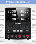 Front view of 4 In 1 Dual DC Bench Power Supply with dual display and controls labeled for voltage, current, and USB port