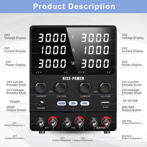 Front view of 4 In 1 Dual DC Bench Power Supply with dual display and controls labeled for voltage, current, and USB port