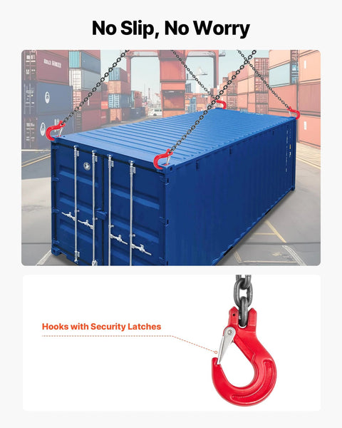 VEVOR four-leg chain sling with red safety-latch hooks lifting a blue shipping container (front view).