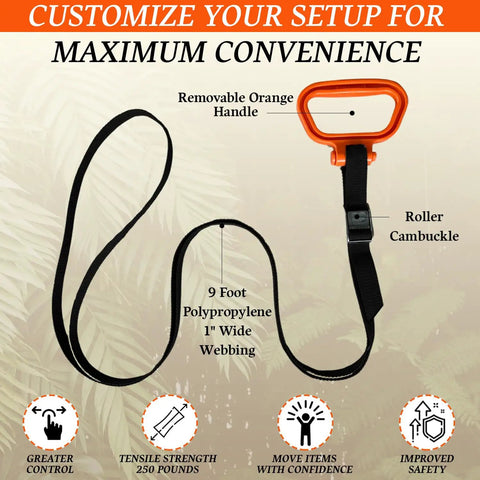 Handle And Haul Two Handle Moving Straps With Cam Buckle Adjustable System, 9 ft polypropylene webbing, orange handle detail.
