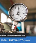 Front view of a natural gas regulator, 3/4 in NPT, chrome body with round kgf/cm2 pressure gauge