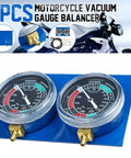 Dual Vacuum Gauge Balancer Kit for 2 Cylinder Motorcycle Carburetors, DIY At Home Balancing With Hoses, Connectors, And Brass Extensions, Improves Throttle Response, Power, Fuel Economy, Smooth Ride. Two blue gauges on a metal base for motorcycle carburetor tuning.