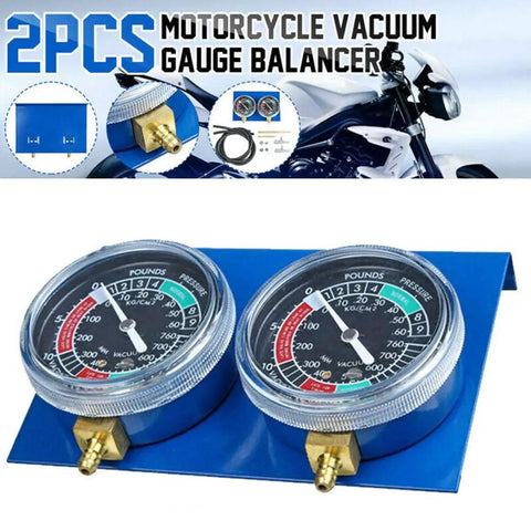 Dual Vacuum Gauge Balancer Kit for 2 Cylinder Motorcycle Carburetors, DIY At Home Balancing With Hoses, Connectors, And Brass Extensions, Improves Throttle Response, Power, Fuel Economy, Smooth Ride. Two blue gauges on a metal base for motorcycle carburetor tuning.