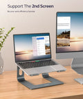 All Aluminum Laptop Stand For Desk Setup With Ventilated Cooling Detachable Ergonomic Riser holding a laptop on a desk