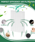 Diagram of AeraMax 300 True HEPA Replacement Filter 3 Pack filtering pet dander, smoke, odors, lint, dust, and hair