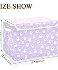 Smooth Folding Storage Bin With Grippy Handles And Snug Velcro Cover Collapsible Oxford Fabric Tote For Closets And Dorm Rooms in light purple with ghost pattern, 16.5 x 12.6 x 11.8 inches.