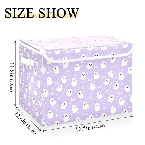 Smooth Folding Storage Bin With Grippy Handles And Snug Velcro Cover Collapsible Oxford Fabric Tote For Closets And Dorm Rooms in light purple with ghost pattern, 16.5 x 12.6 x 11.8 inches.