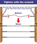 Illustration showing Left And Right Handed Thread Lag Screws For 1/8 Inch Decking Cable Railing Kit Non Turnbuckle System 30 Pack Black Finish Tighten Cables Without Torsion Heavy Duty Hardware By Deck Man in a tightening setup with wrench and wood posts.