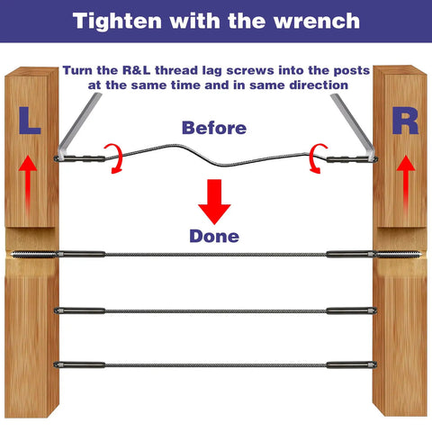 Illustration showing Left And Right Handed Thread Lag Screws For 1/8 Inch Decking Cable Railing Kit Non Turnbuckle System 30 Pack Black Finish Tighten Cables Without Torsion Heavy Duty Hardware By Deck Man in a tightening setup with wrench and wood posts.