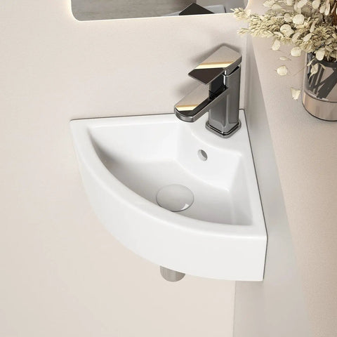 Triangle Corner Sink for Bathroom, Wall Mounted Ceramic Vessel Sink, White Gloss Finish space-saving design in compact dimensions.